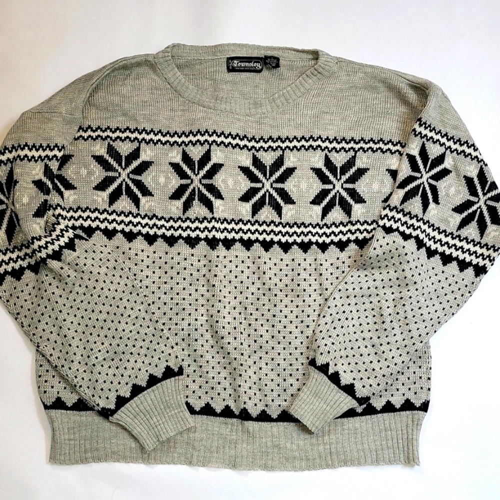 Vintage Townsley grey Fair Isle Snowflake Sweater L Acrylic 80s Cabincore